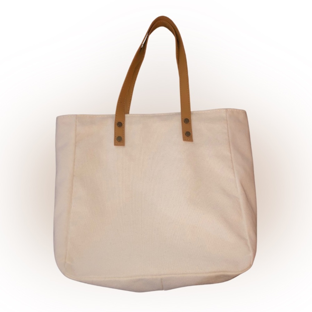 NWT Cozy Earth Off White Travel Tote Bag w/ Tan Faux Leather Handles – 12x12 - Picture 2 of 4